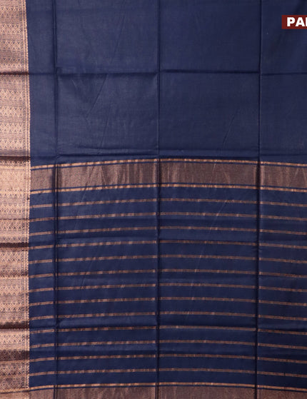 Semi tussar saree navy blue and royal blue with plain body and long copper zari woven border & kalamkari printed blouse