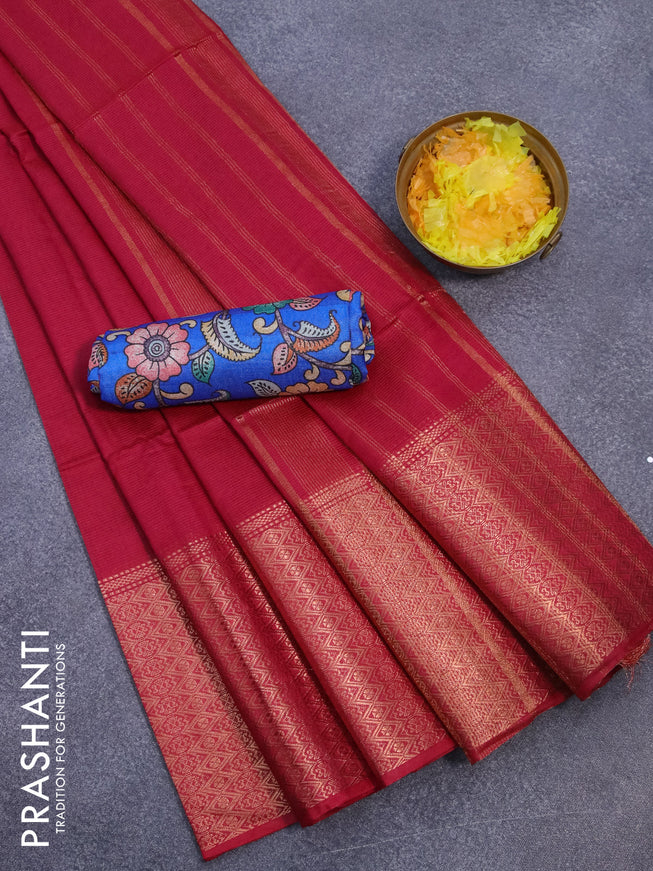 Semi tussar saree pink and royal blue with plain body and long copper zari woven border & kalamkari printed blouse