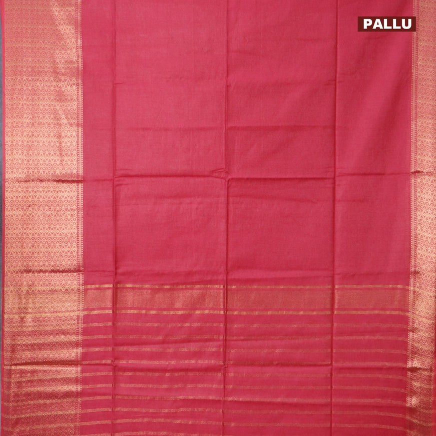 Semi tussar saree pink and royal blue with plain body and long copper zari woven border & kalamkari printed blouse