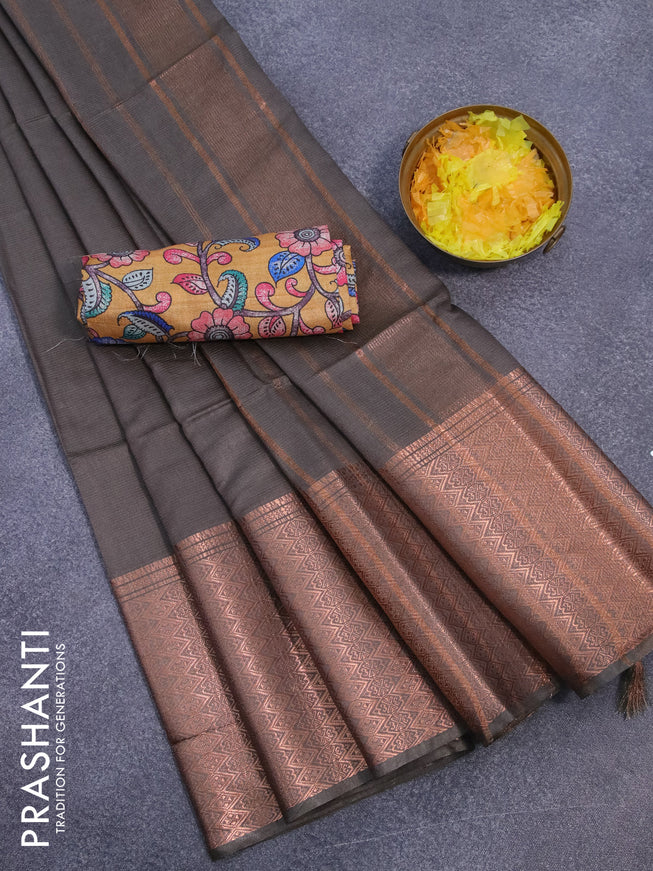 Semi tussar saree grey and mustard yellow with plain body and long copper zari woven border & kalamkari printed blouse