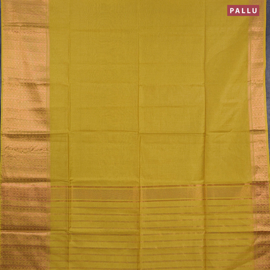 Semi tussar saree yellow and green with plain body and long copper zari woven border & kalamkari printed blouse