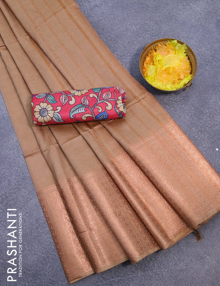 Semi tussar saree sandal and tomato pink with plain body and long copper zari woven border & kalamkari printed blouse