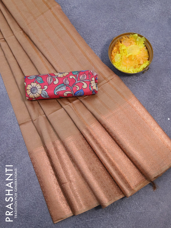 Semi tussar saree sandal and tomato pink with plain body and long copper zari woven border & kalamkari printed blouse