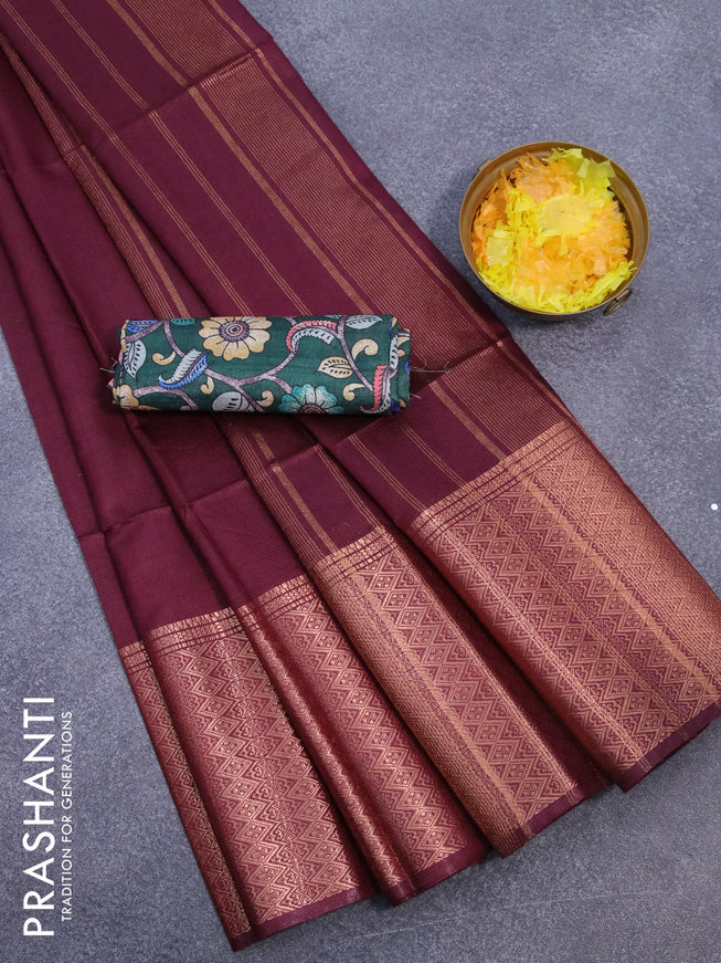 Semi tussar saree maroon and green with plain body and long copper zari woven border & kalamkari printed blouse