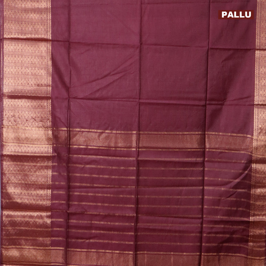 Semi tussar saree maroon and green with plain body and long copper zari woven border & kalamkari printed blouse