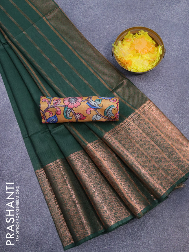 Semi tussar saree green and mustard yellow with plain body and long copper zari woven border & kalamkari printed blouse