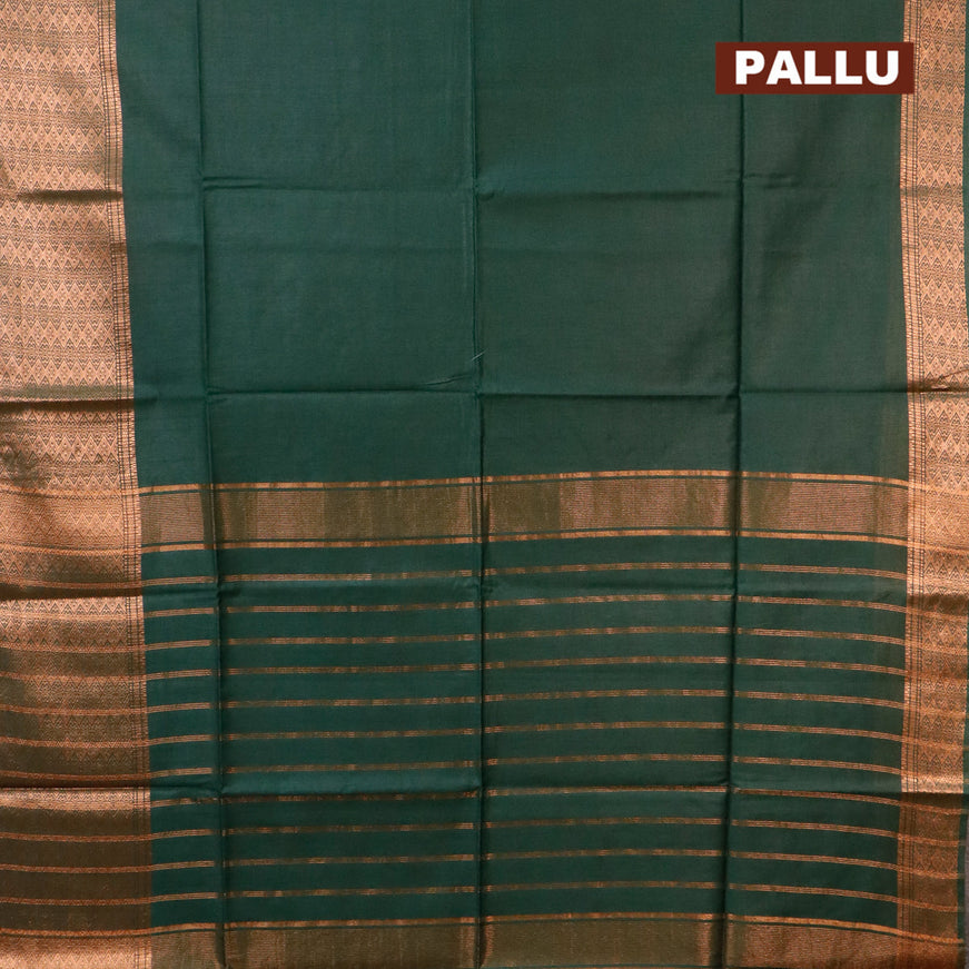 Semi tussar saree green and mustard yellow with plain body and long copper zari woven border & kalamkari printed blouse