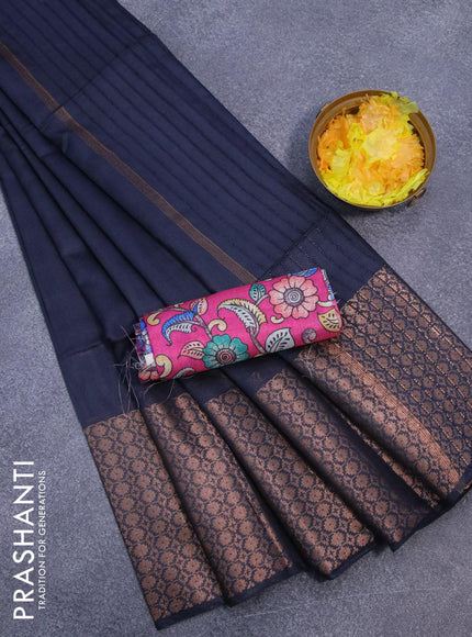 Semi tussar saree elephant grey and pink with plain body and long copper zari woven border & kalamkari printed blouse