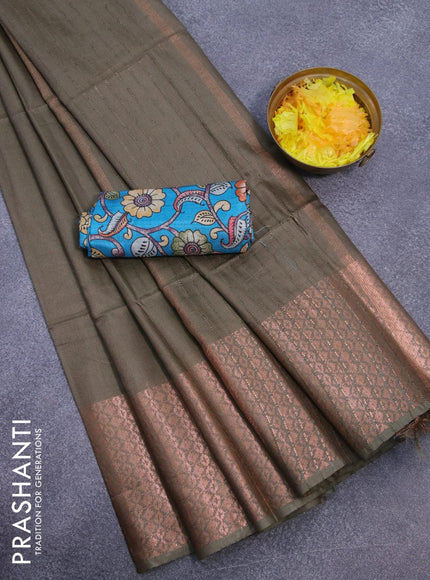 Semi tussar saree military green shade and teal blue with plain body and long copper zari woven border & kalamkari printed blouse