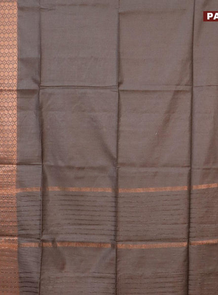 Semi tussar saree grey and tomato red with plain body and long copper zari woven border & kalamkari printed blouse