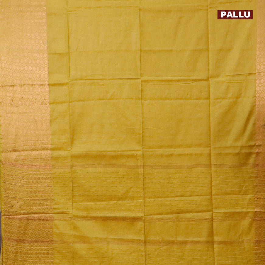 Semi tussar saree yellow and bottle green with plain body and long copper zari woven border & kalamkari printed blouse