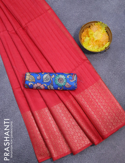 Semi tussar saree red and blue with plain body and long copper zari woven border & kalamkari printed blouse