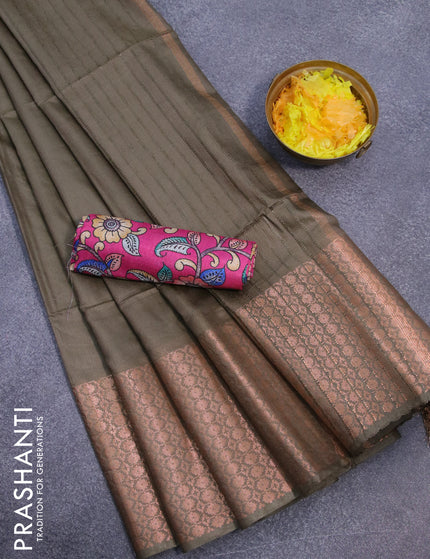 Semi tussar saree miliatry green shade and pink with plain body and long copper zari woven border & kalamkari printed blouse