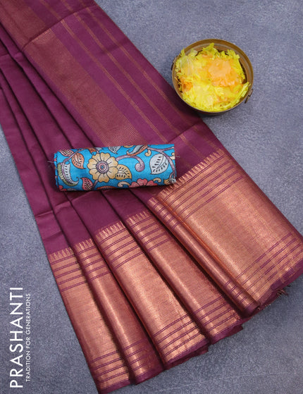 Semi tussar saree wine shade and teal blue with plain body and copper zari woven border & kalamkari printed blouse