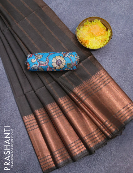 Semi tussar saree dark brown shade and teal blue with plain body and copper zari woven border & kalamkari printed blouse