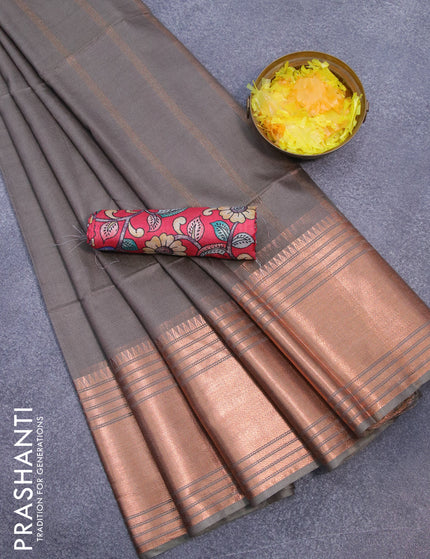 Semi tussar saree grey shade and pink with plain body and copper zari woven border & kalamkari printed blouse