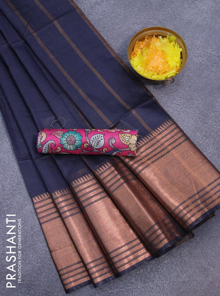 Semi tussar saree navy blue and pink with plain body and copper zari woven border & kalamkari printed blouse