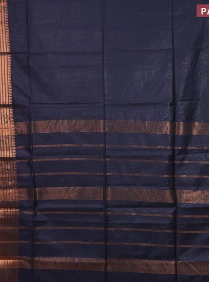 Semi tussar saree navy blue and pink with plain body and copper zari woven border & kalamkari printed blouse