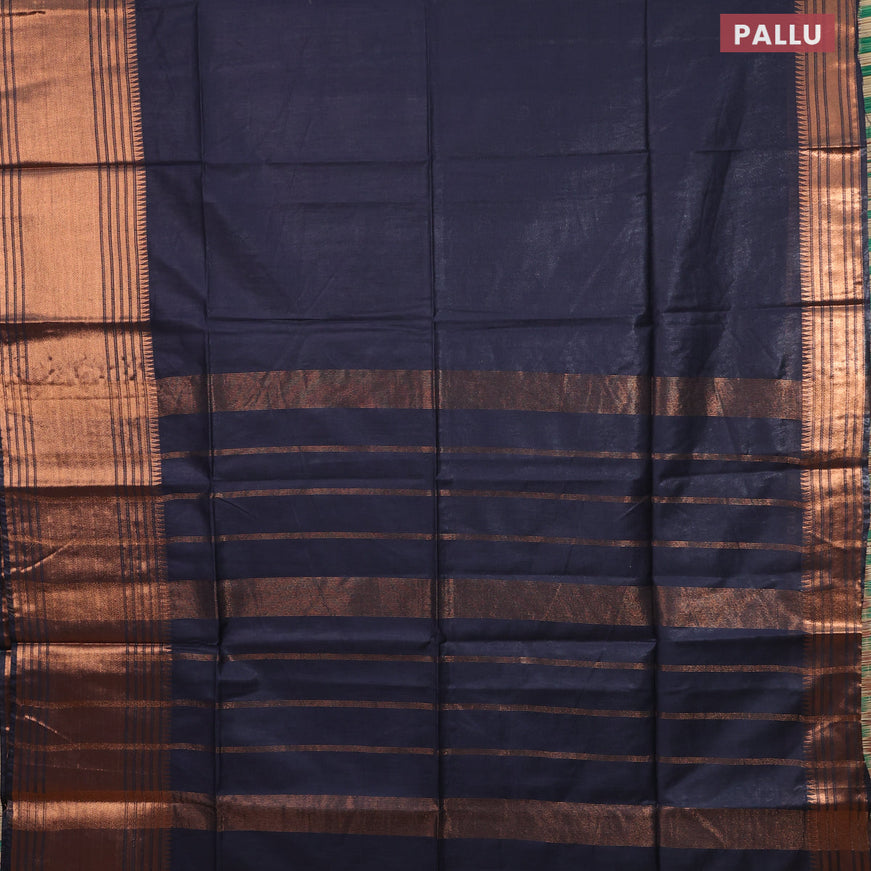 Semi tussar saree navy blue and pink with plain body and copper zari woven border & kalamkari printed blouse