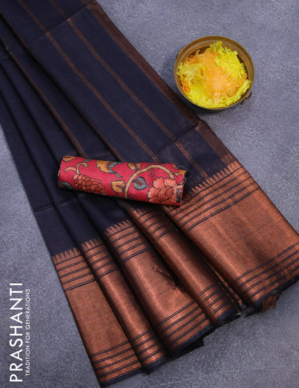 Semi tussar saree dark navy blue and red with plain body and copper zari woven border & kalamkari printed blouse