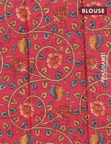 Semi tussar saree dark navy blue and red with plain body and copper zari woven border & kalamkari printed blouse