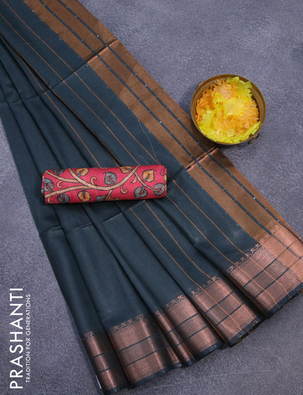 Semi tussar saree elephant grey and tomato pink with plain body and copper zari woven border & kalamkari printed blouse