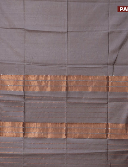 Semi tussar saree grey and pink with plain body and copper zari woven border & kalamkari printed blouse