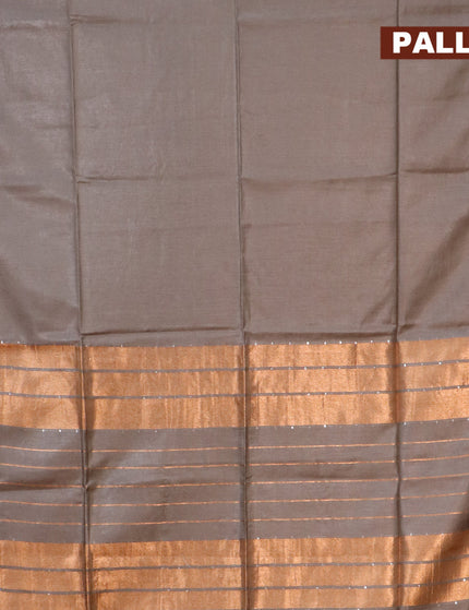 Semi tussar saree grey shade and dark green with plain body and copper zari woven border & kalamkari printed blouse