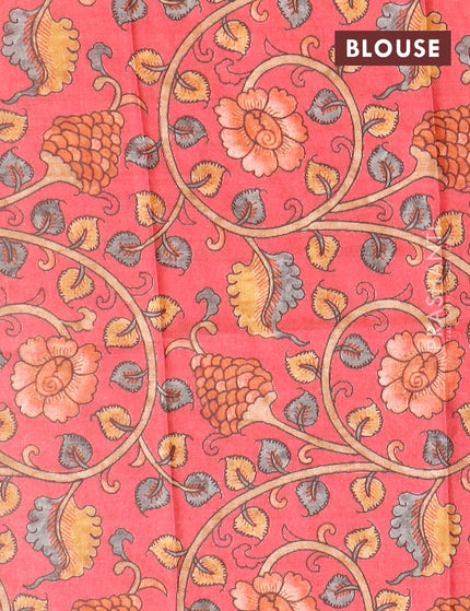 Semi tussar saree grey and tomato pink with plain body and copper zari woven border & kalamkari printed blouse