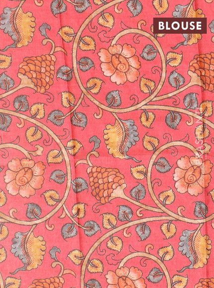 Semi tussar saree grey and tomato pink with plain body and copper zari woven border & kalamkari printed blouse