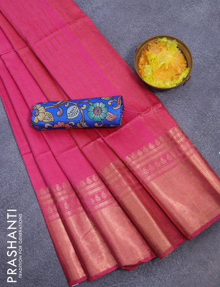 Semi tussar saree pink and royal blue with plain body and copper zari woven border & kalamkari printed blouse