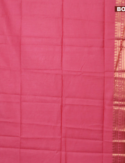 Semi tussar saree pink and royal blue with plain body and copper zari woven border & kalamkari printed blouse