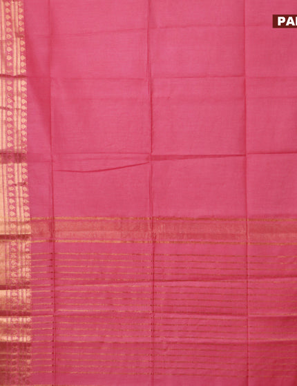 Semi tussar saree pink and royal blue with plain body and copper zari woven border & kalamkari printed blouse