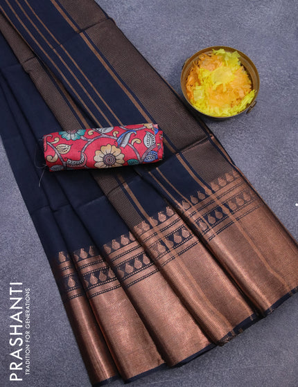 Semi tussar saree navy blue and pink with plain body and copper zari woven border & kalamkari printed blouse