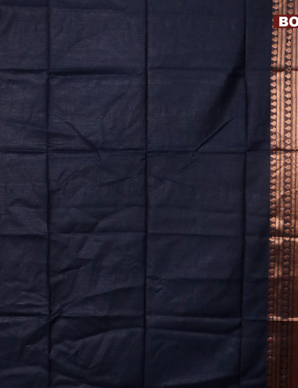 Semi tussar saree navy blue and pink with plain body and copper zari woven border & kalamkari printed blouse