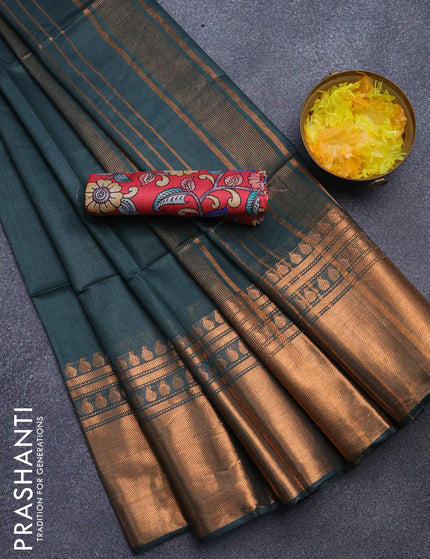 Semi tussar saree green and pink with plain body and copper zari woven border & kalamkari printed blouse