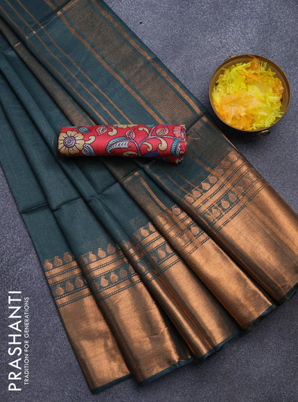 Semi tussar saree green and pink with plain body and copper zari woven border & kalamkari printed blouse