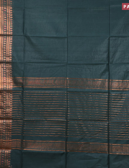 Semi tussar saree green and pink with plain body and copper zari woven border & kalamkari printed blouse