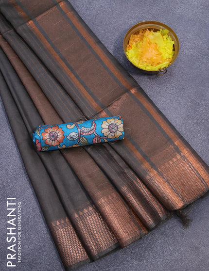 Semi tussar saree grey shade and teal blue with plain body and copper zari woven border & kalamkari printed blouse