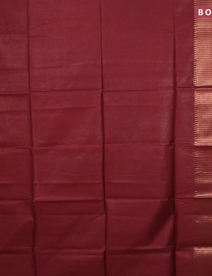 Semi tussar saree maroon and dark green with plain body and long copper zari woven border & kalamkari printed blouse