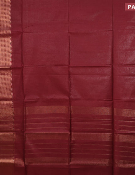 Semi tussar saree maroon and dark green with plain body and long copper zari woven border & kalamkari printed blouse