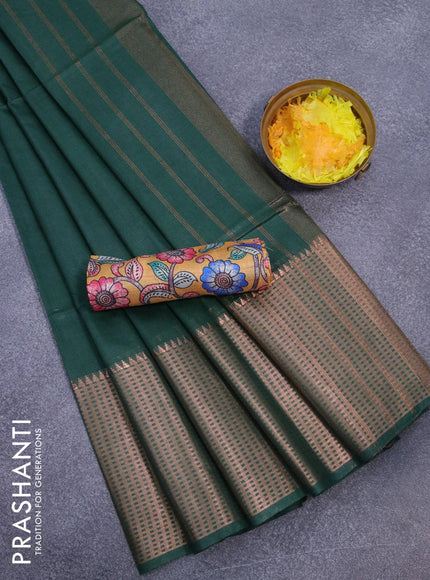 Semi tussar saree dark green and mustard yellow with plain body and long copper zari woven border & kalamkari printed blouse