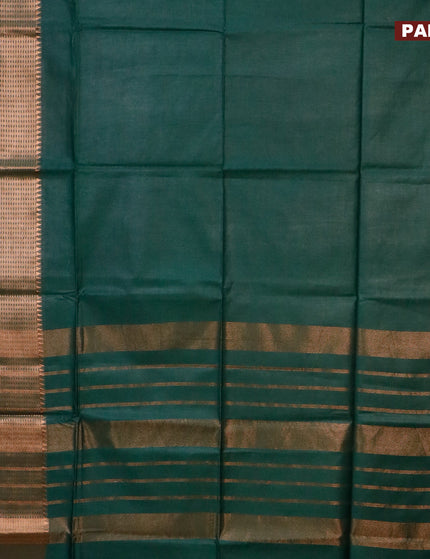 Semi tussar saree dark green and mustard yellow with plain body and long copper zari woven border & kalamkari printed blouse