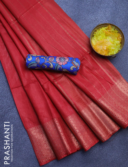 Semi tussar saree red and royal blue with plain body and copper zari woven border & kalamkari printed blouse