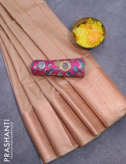 Semi tussar saree sandal and pink with plain body and copper zari woven border & kalamkari printed blouse