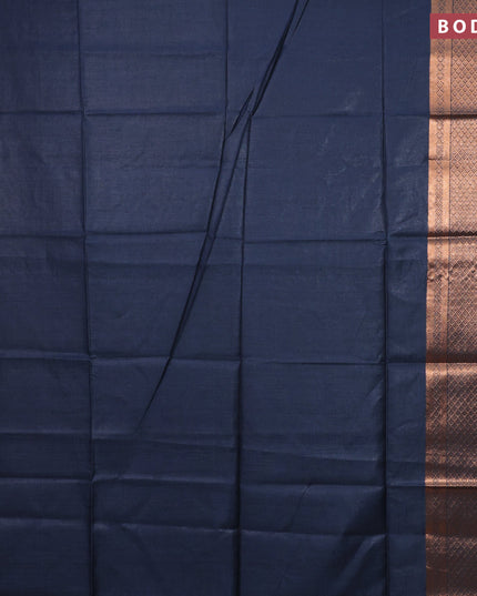 Semi tussar saree dark navy blue and cs blue with plain body and copper zari woven border & kalamkari printed blouse