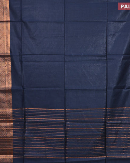 Semi tussar saree dark navy blue and cs blue with plain body and copper zari woven border & kalamkari printed blouse