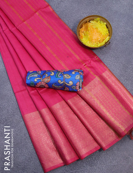 Semi tussar saree pink and blue with plain body and copper zari woven border & kalamkari printed blouse