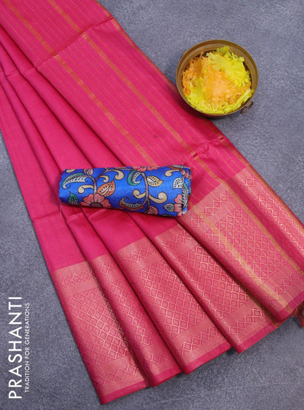 Semi tussar saree pink and blue with plain body and copper zari woven border & kalamkari printed blouse