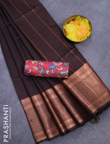 Semi tussar saree coffee brown and red with plain body and copper zari woven border & kalamkari printed blouse